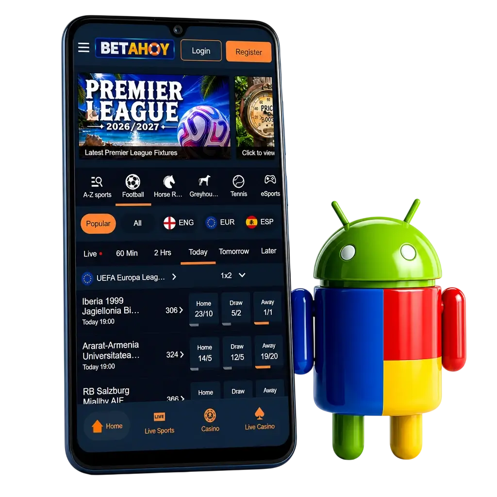 Betahoy app download screen for Android and iOS showing PWA install option and £10 free bets offer, UK 2026